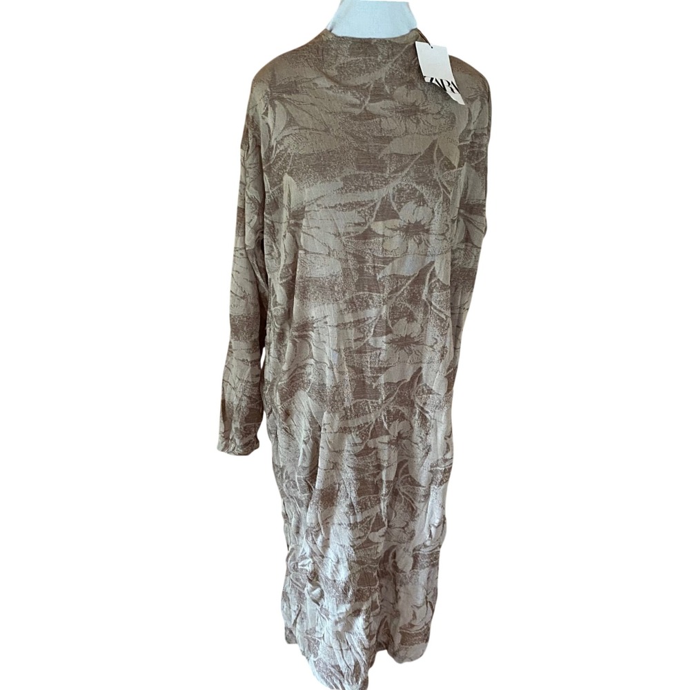 Zara NEW Textured Floral Jacquard Mock Neck Midi Dress Tan Brown 4886/476 M